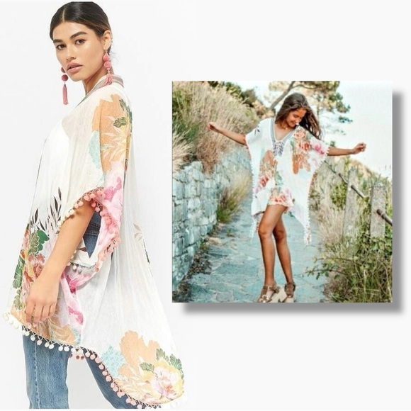 Anthropologie Z & L Europe Floral Pom Pom Kimono Tunic Coverup Bohemian OS